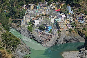 Hotels and resorts of Devprayag, Garhwal, Uttarakhand, India. Bhagirathi river from left side and Alakananda river with turquoise