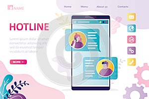 Hotline landing page template. Client and operator talking on smartphone screen. Girl customer asks for help in support service