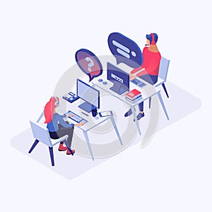 Hotline office workers vector isometric illustration. Call center operators, chat manager in headset at workplace