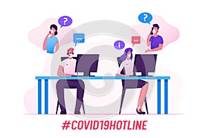 Hotline Operator Characters Help Clients with Coronavirus Questions. Call Center Receptionists in Medical Masks