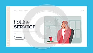 Hotline Service, Customer Support Landing Page Template. Technical Receptionist Female Character Chat with Clients