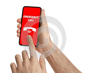 Hotline service. Man making emergency call via smartphone on white background, closeup