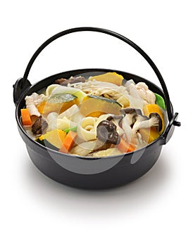 Hoto, Japanese udon noodles hot pot with squash and vegetables.