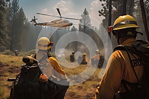 hotshot crew preparing to battle raging wildfire, with helicopter providing air support