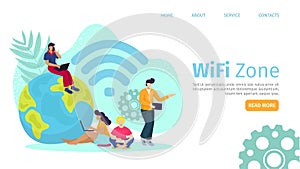 Hotspot at public place, wifi zone landing banner, vector illustration. Wireless internet for flat free network concept