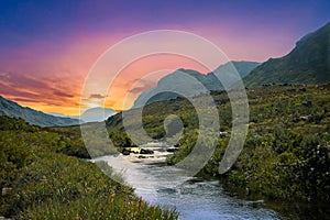Hottentots Holland Mountains river and sunset in Overberg western cape South Africa