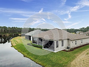 Houes and Screen Porches Line the Bank of a Small Pond in an American Neighborhood from Above Aerial