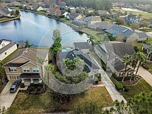 Houes and Screen Porches Line the Bank of a Small Pond in an American Neighborhood from Above Aerial