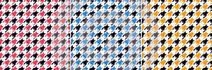 Hounds tooth check pattern set in black, pink, blue, yellow, white. Seamless dog tooth vector pixel graphics for scarf, dress.