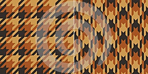 Houndstooth check pattern in cognac brown and gold for autumn winter. Seamless asymmetric simple neutral dark tweed plaid vector.