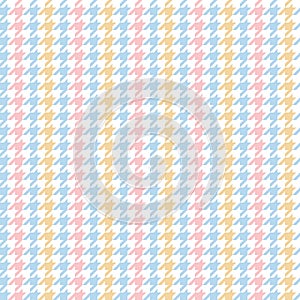 Houndstooth check pattern for spring in pastel blue, pink, yellow, white. Multicolored light dog tooth tweed vector graphic.