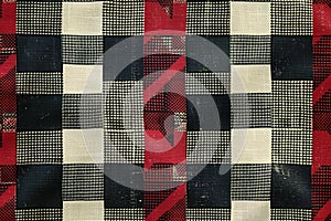A houndstooth pattern in black, white and red colors. the fabric has an intricate design with small squares arranged to creat