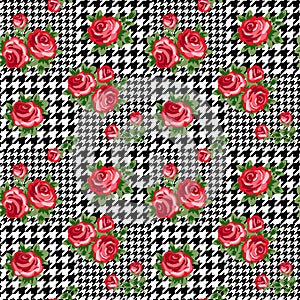Vector houndstooth seamless black and white pattern with red retro roses