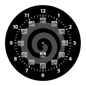 24 Hour Military Time and Standard Time Combo Clock, Black, Template Isolated Vector Illustration