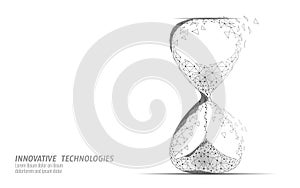 Hourglass 3D low poly dark time of life concept. Deadline present future and past hours gone. Time stream flow value