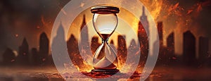 An hourglass amidst flames against a blurred cityscape, suggesting urgency. Fiery particles dance around the timepiece