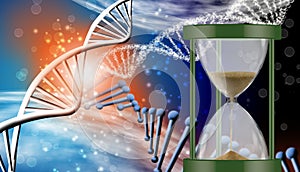 hourglass on the background of abstract stylized dna chains