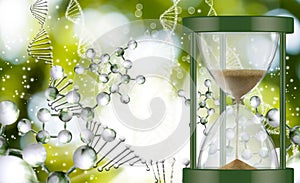 hourglass on the background of abstract stylized dna chains