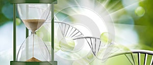 hourglass on the background of abstract stylized dna chains