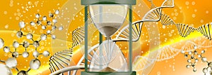 hourglass on the background of abstract stylized dna chains