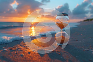 An hourglass on the beach as the sun sets, surrounded by orange afterglow