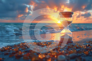 Hourglass on beach at sunset, red sky reflecting in water, clouds in afterglow