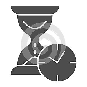 Hourglass with clock solid icon, time passing concept, urgency and running out of time sign on white background