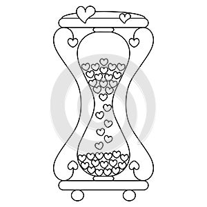 Hourglass. Countdown time. The glass flask is filled with sand in the shape of hearts. Love clock. Sketch. Love time. Vector.