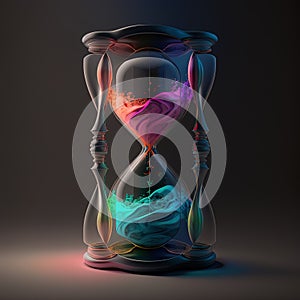 Hourglass on dark brown background. VIntage hour glass is also known as sandglass, sand timer or sand clock. AI generative