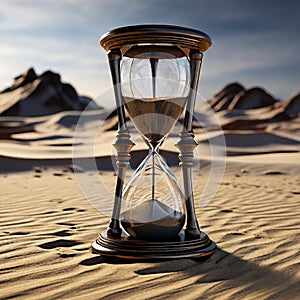 An hourglass with dwindling sand perched on a wooden motif table