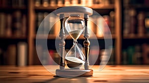 Hourglass with falling sand and stack of books on shelves on background.