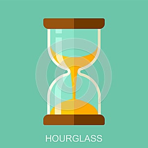 Hourglass flat style icon. Vector hourglass  illustration cartoon design. Isolated on cyan background. Time management concept.