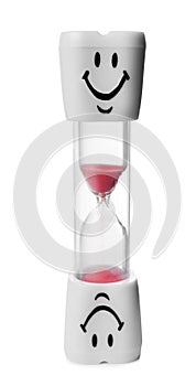 Hourglass with funny faces on white. Brushing teeth time