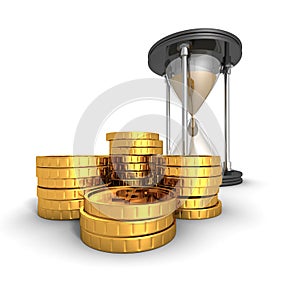 Hourglass With Golden Dollar Coins. Time Is Money Concept