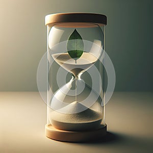 Hourglass with green leaf inside, Time countdown concept, timer background, 3D Rendering, generative ai