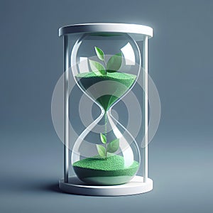 Hourglass with green leaves and green sand inside. Time management concept. 3D Rendering, generative ai