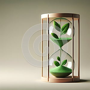 Hourglass with green plant inside, Time management concept, time is important, 3D Rendering, generative ai