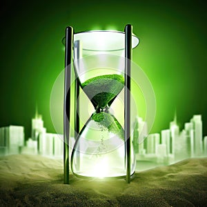Hourglass with green sand inside against a city backdrop full of buildings.Relaxation concept over time.generative AI