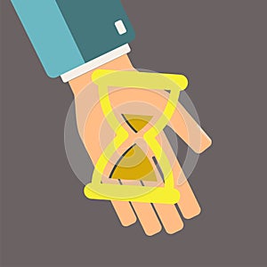 Hourglass in hand. Time is money concept. Save time. Vector illustration.