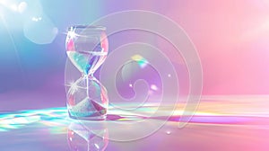 Hourglass on holographic background. Concept of time passing, countdown and deadline