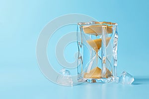 Hourglass in ice cube, frozen time. Stopping the time concept, freeze time, sand clock in ice, copy space. Climate change.