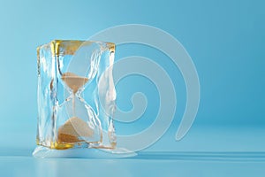 Hourglass in ice cube, frozen time. Stopping the time concept, freeze time, sand clock in ice, copy space. Climate change.