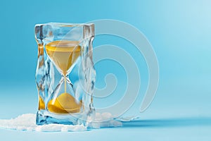 Hourglass in ice cube, frozen time. Stopping the time concept, freeze time, sand clock in ice, copy space. Climate change.