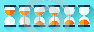 Hourglass icons set in flat style, storyboard sandglass on color background. Vector design elements for you project