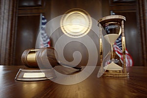 Hourglass and judge`s gavel on the court table. The concept of jurisprudence, law, justice. 3D illustration, 3D renderer