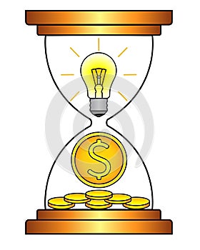An hourglass with a light bulb and a coin is a metaphor: ideas and inventions bring money over time. Monetization of inventions -