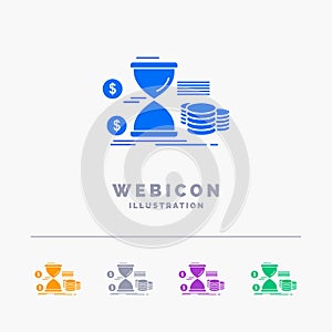 Hourglass, management, money, time, coins 5 Color Glyph Web Icon Template isolated on white. Vector illustration