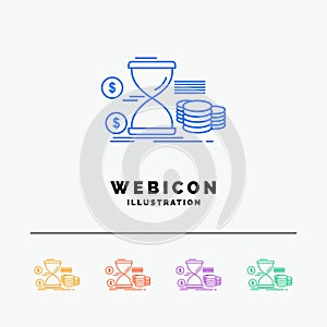 Hourglass, management, money, time, coins 5 Color Line Web Icon Template isolated on white. Vector illustration