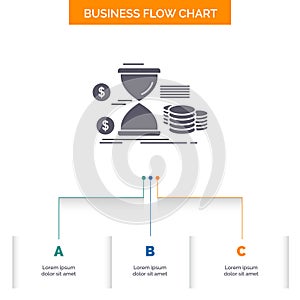 Hourglass, management, money, time, coins Business Flow Chart Design with 3 Steps. Glyph Icon For Presentation Background Template
