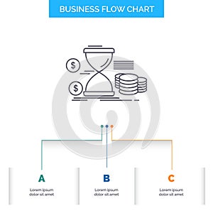 Hourglass, management, money, time, coins Business Flow Chart Design with 3 Steps. Line Icon For Presentation Background Template